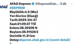 Elazığ’da 4,9 büyüklüğünde deprem
