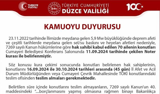 Düzce Valiliğinden "konutunuzu teslim alın" duyurusu