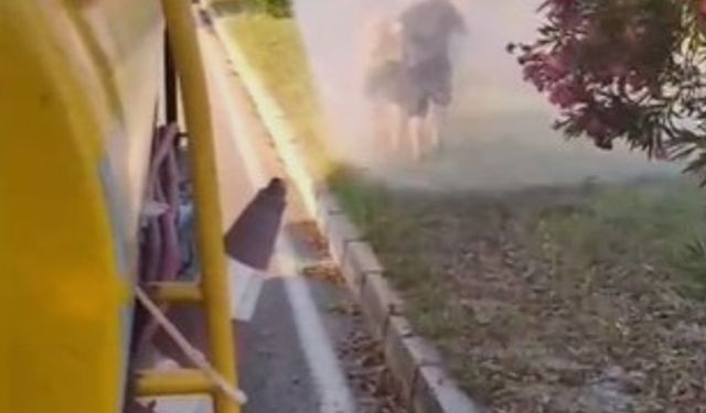 Sıcaktan bunalan çocuklar refüjde sulama yapan su tankeriyle serinledi
