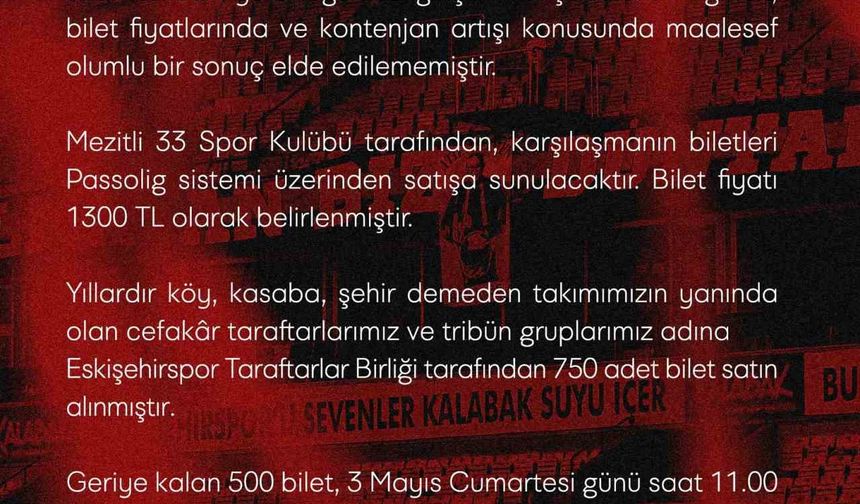 Mezitli 33 Spor karşılaşması için deplasman kontenjanı arttırılamadı