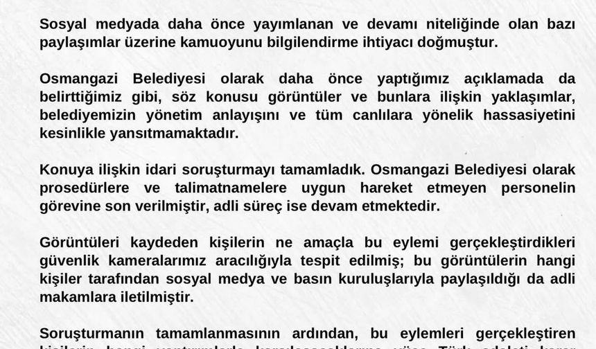 Osmangazi Belediyesi’nden barınakta yaşananlarla ilgili açıklama